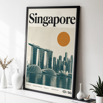 Singapore Modernist Dawn, beige, green, orange minimalist wall art displayed in a styled interior, gallery view 2