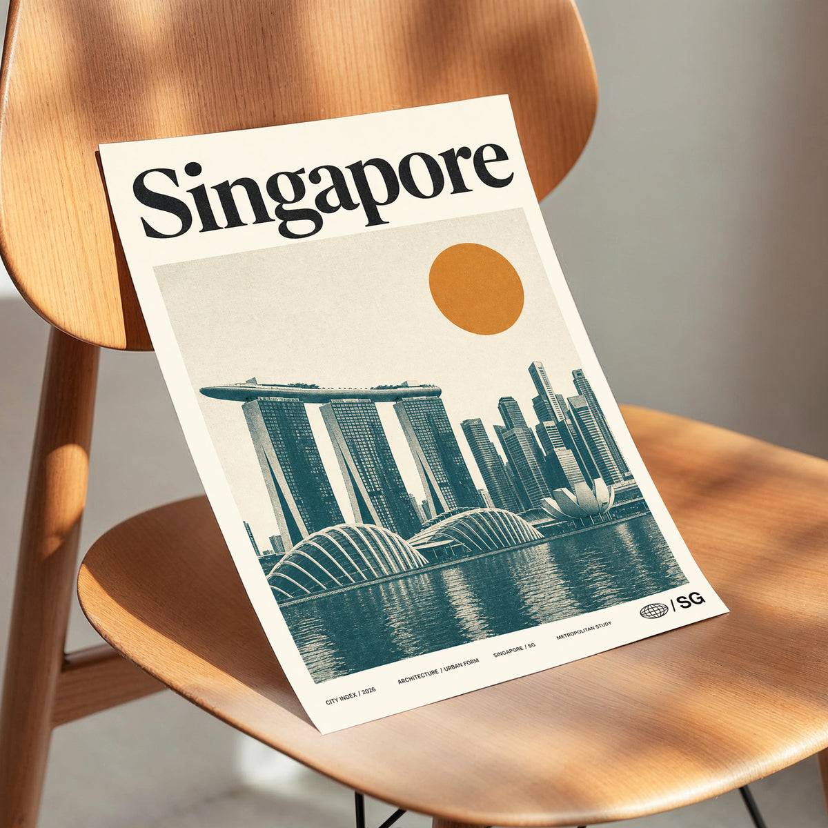 Singapore Modernist Dawn, beige, green, orange minimalist wall art displayed in a styled interior, gallery view 3