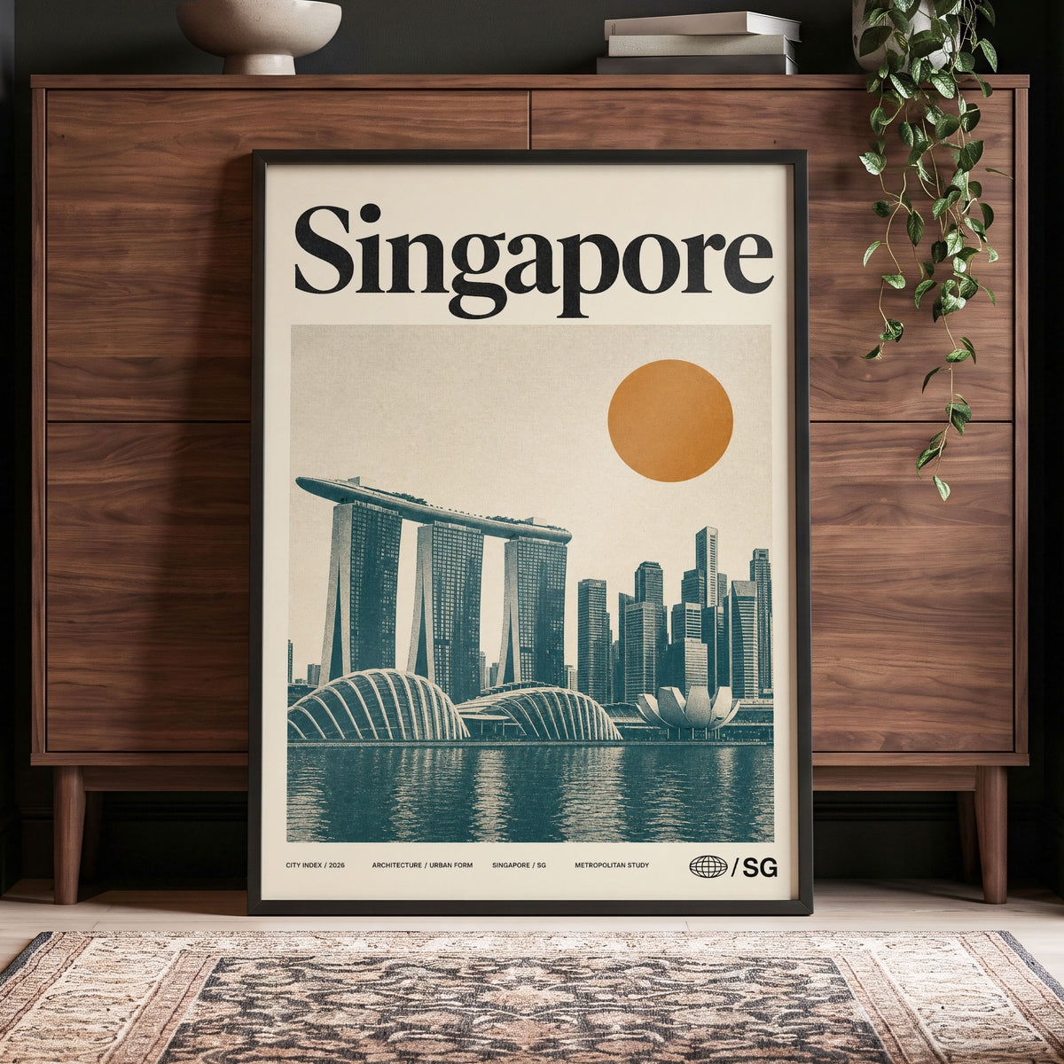 Singapore Modernist Dawn, beige, green, orange minimalist wall art displayed in a styled interior, gallery view 4