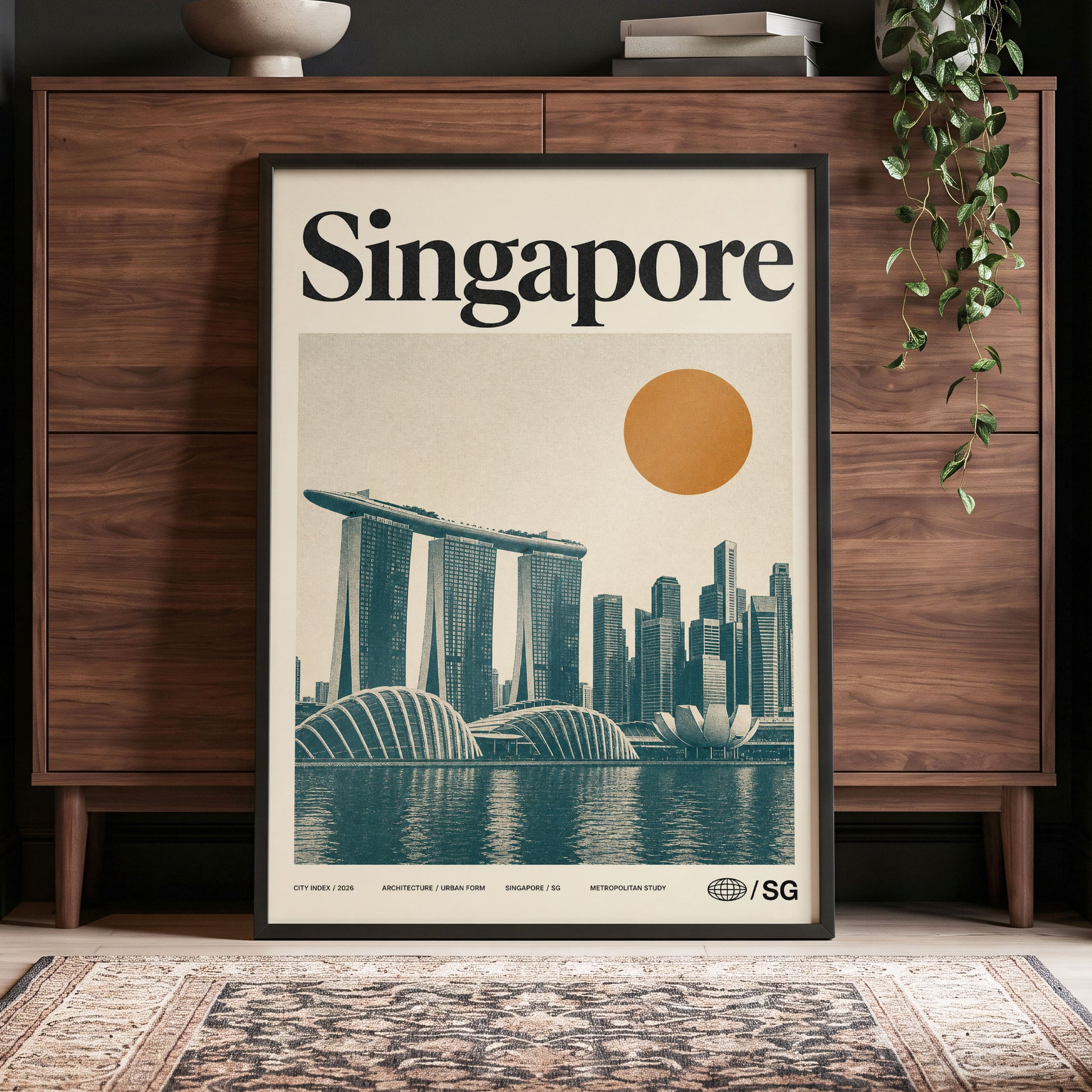 Singapore Modernist Dawn, beige, green, orange minimalist wall art displayed in a styled interior, gallery view 4