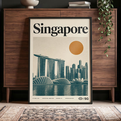 Singapore Modernist Dawn, beige, green, orange minimalist wall art displayed in a styled interior, gallery view 4