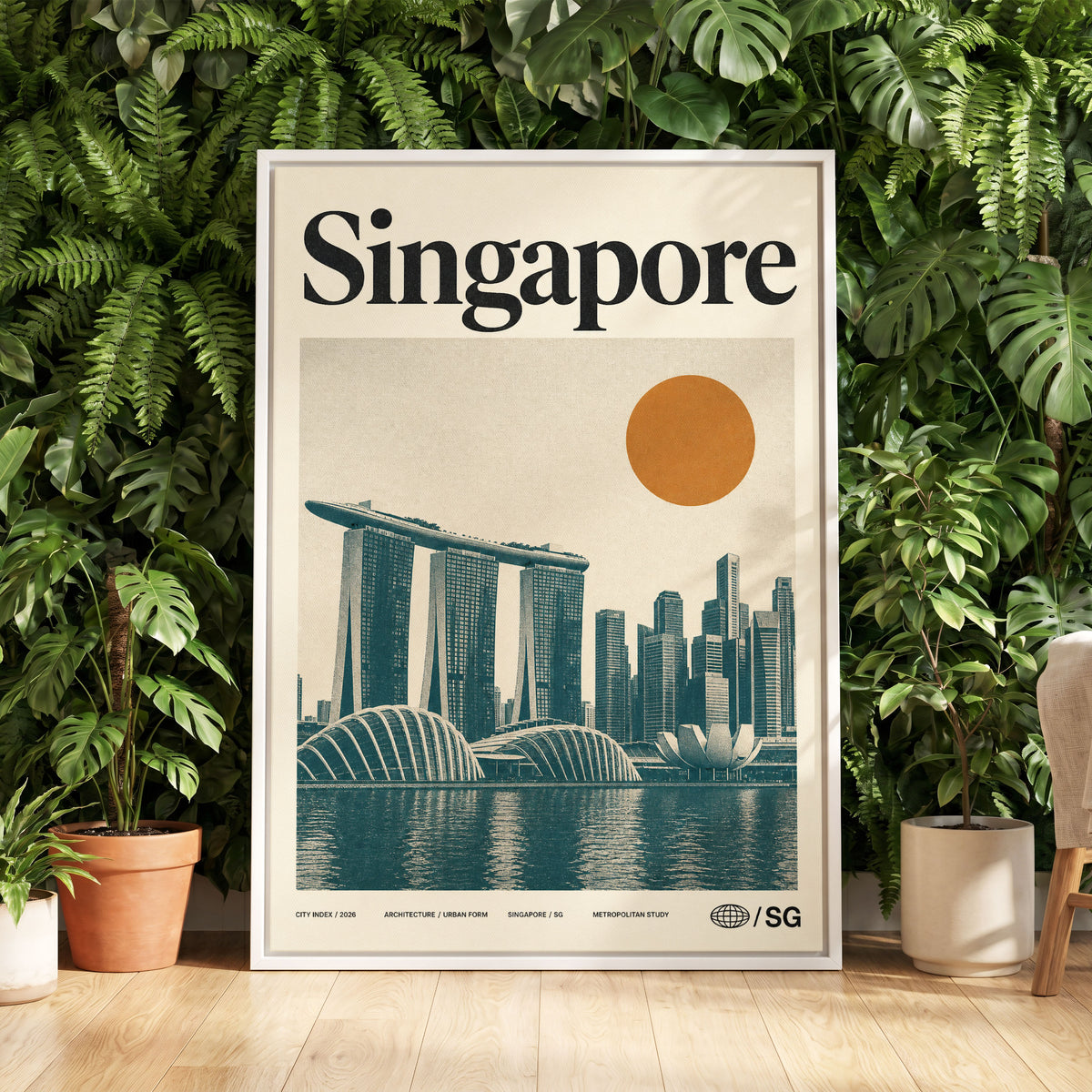 Singapore Modernist Dawn, beige, green, orange minimalist wall art displayed in a styled interior, gallery view 5