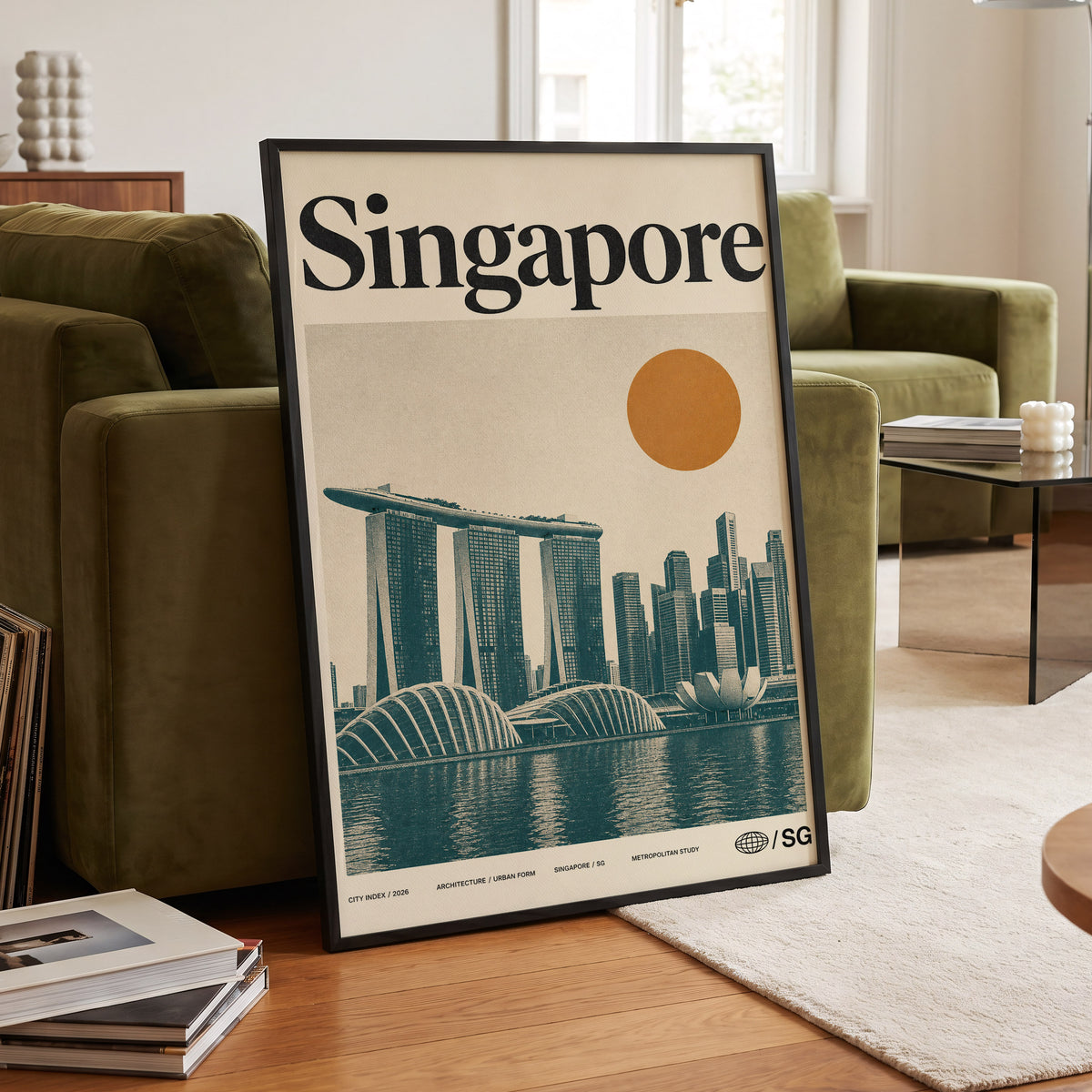 Singapore Modernist Dawn, beige, green, orange minimalist wall art displayed in a styled interior, gallery view 6