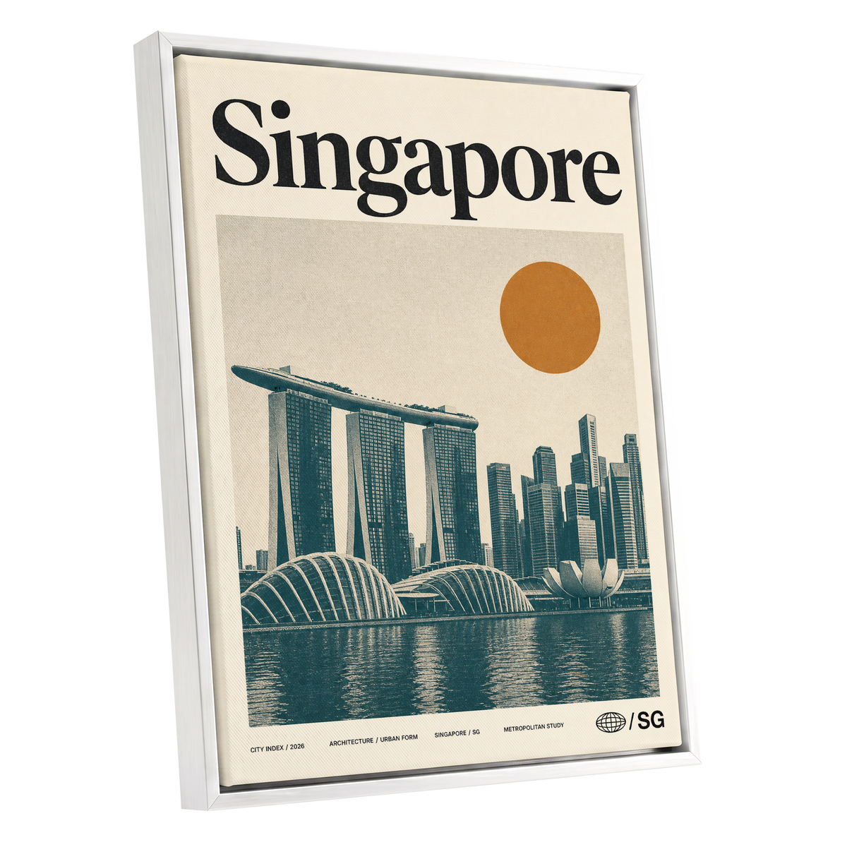 Singapore Modernist Dawn, beige, green, orange minimalist wall art shown as a white framed canvas wall art