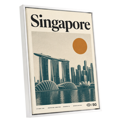 Singapore Modernist Dawn, beige, green, orange minimalist wall art shown as a white framed canvas wall art