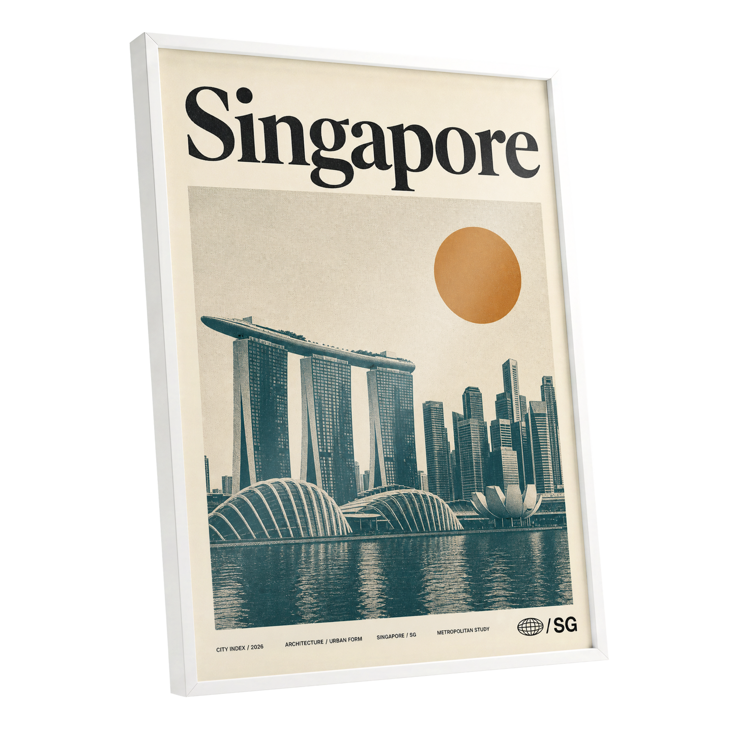Singapore Modernist Dawn, beige, green, orange minimalist wall art shown as a white framed poster wall art print