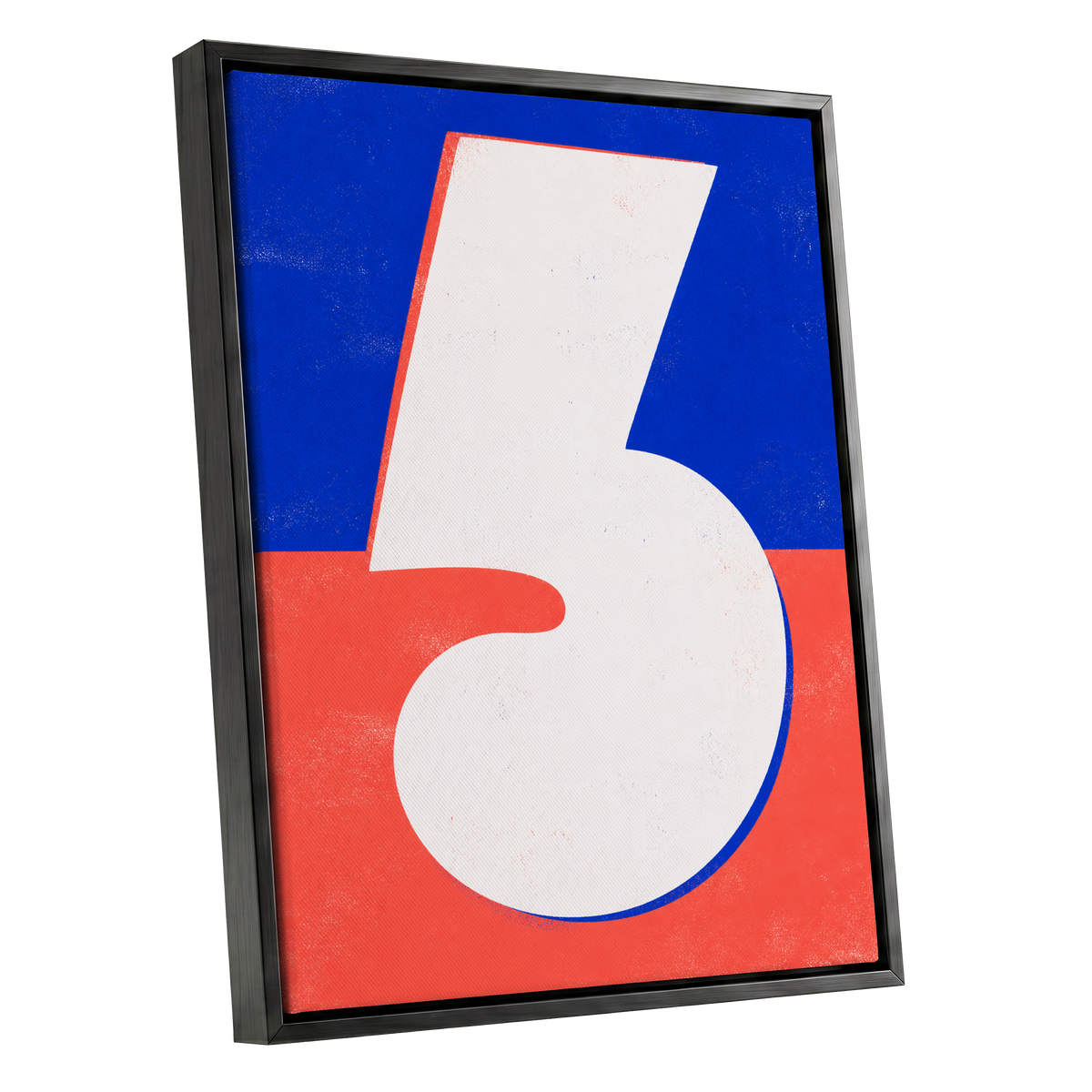 Six in Signal Colours, white, blue, red minimalist wall art shown as a black framed canvas wall art