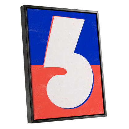 Six in Signal Colours, white, blue, red minimalist wall art shown as a black framed canvas wall art