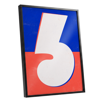 Six in Signal Colours, white, blue, red minimalist wall art shown as a black framed poster wall art print