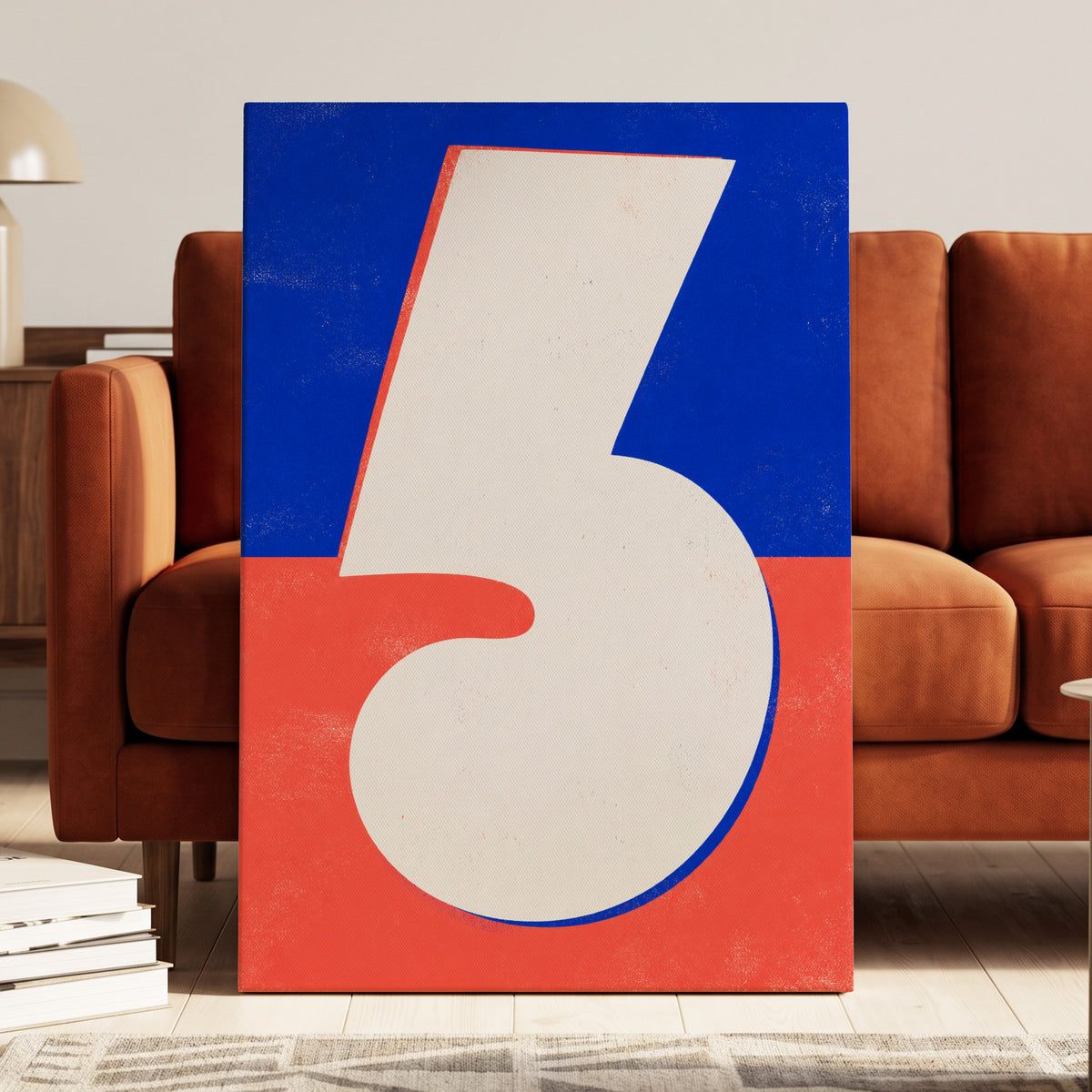 Six in Signal Colours, white, blue, red minimalist wall art on canvas displayed in a styled interior, gallery view 1