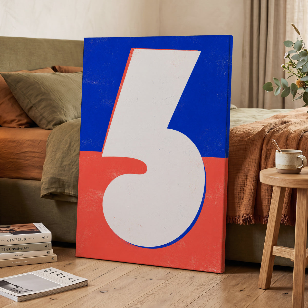 Six in Signal Colours, white, blue, red minimalist wall art on canvas displayed in a styled interior, gallery view 2