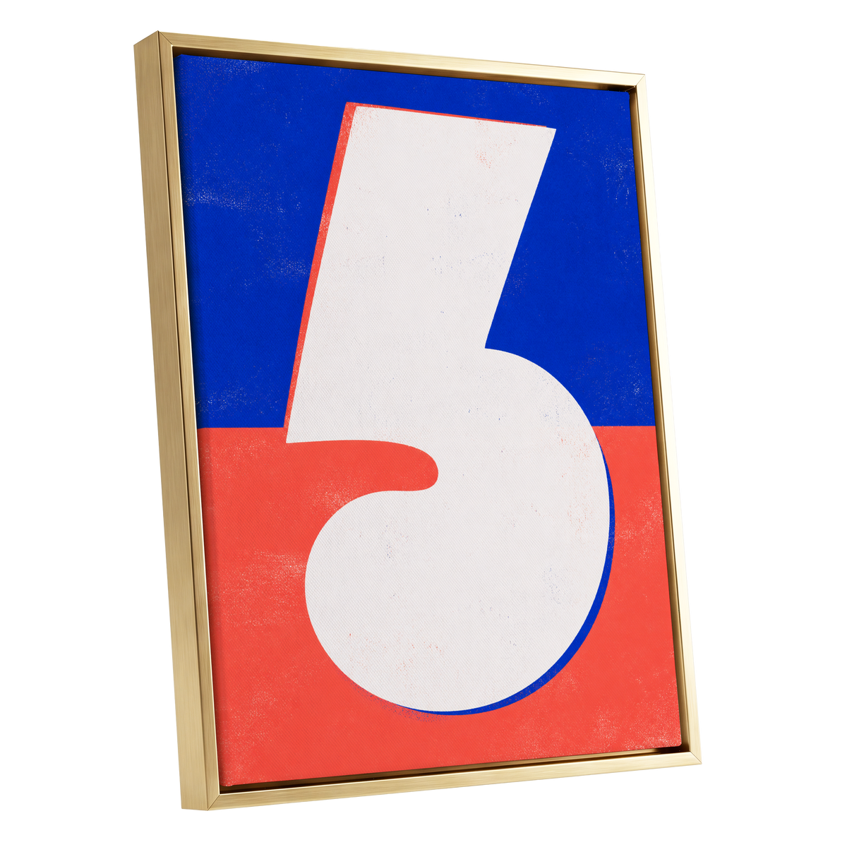 Six in Signal Colours, white, blue, red minimalist wall art shown as a gold framed canvas wall art