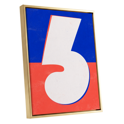 Six in Signal Colours, white, blue, red minimalist wall art shown as a gold framed canvas wall art