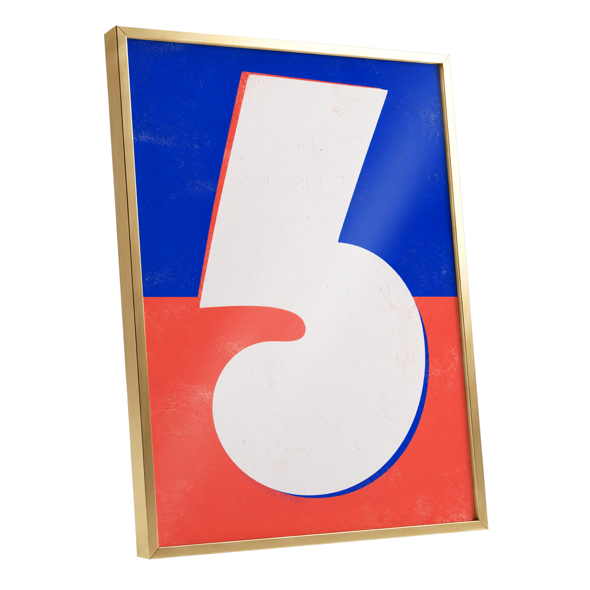 Six in Signal Colours, white, blue, red minimalist wall art shown as a gold framed poster wall art print
