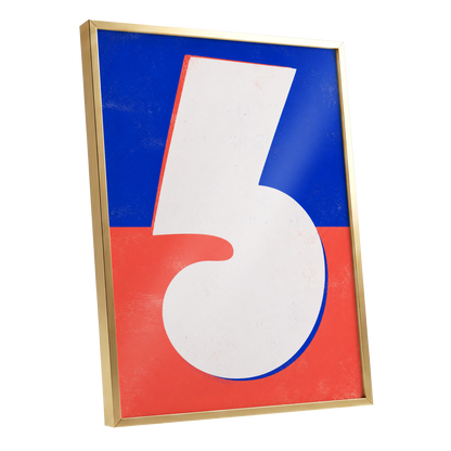 Six in Signal Colours, white, blue, red minimalist wall art shown as a gold framed poster wall art print
