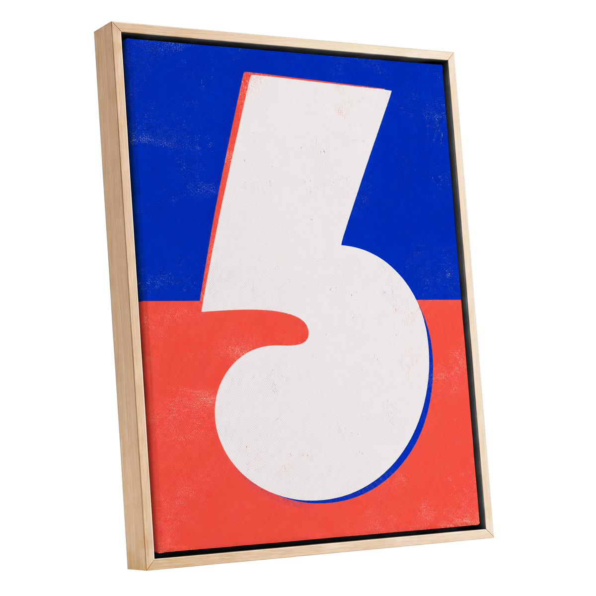 Six in Signal Colours, white, blue, red minimalist wall art shown as a oak framed canvas wall art