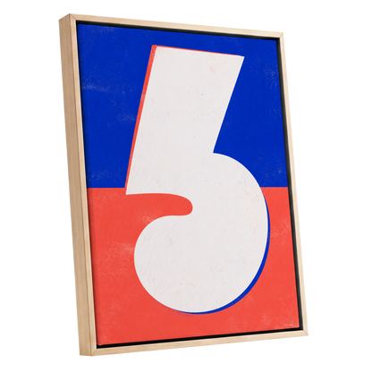 Six in Signal Colours, white, blue, red minimalist wall art shown as a oak framed canvas wall art