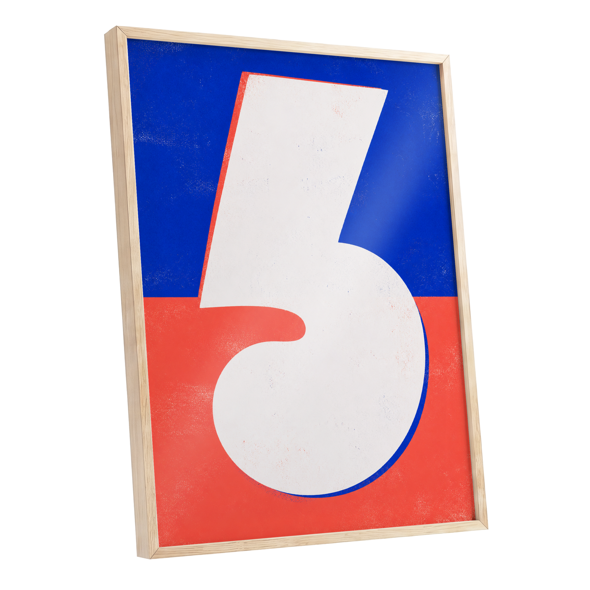 Six in Signal Colours, white, blue, red minimalist wall art shown as a oak framed poster wall art print