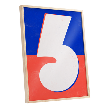 Six in Signal Colours, white, blue, red minimalist wall art shown as a oak framed poster wall art print