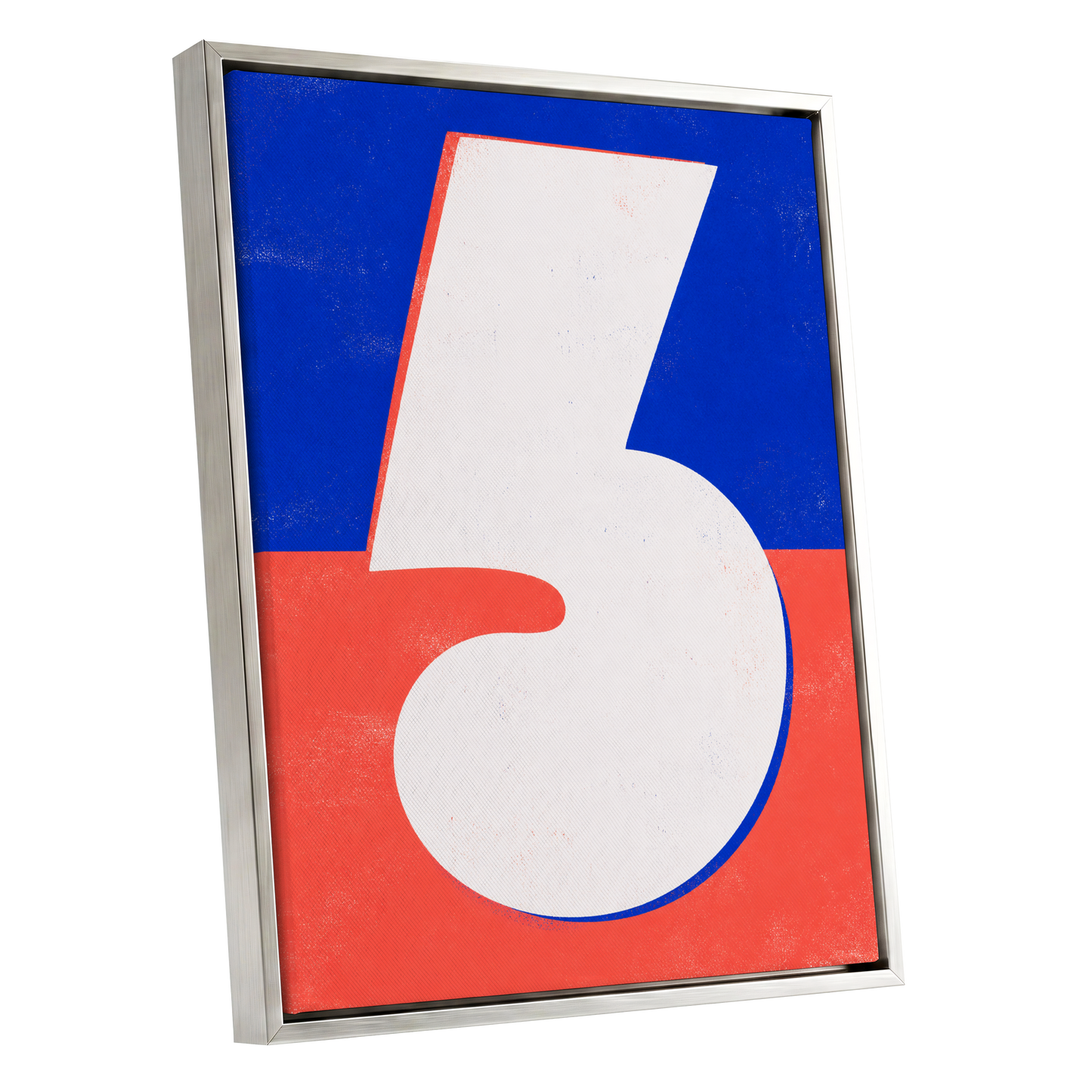 Six in Signal Colours, white, blue, red minimalist wall art shown as a silver framed canvas wall art