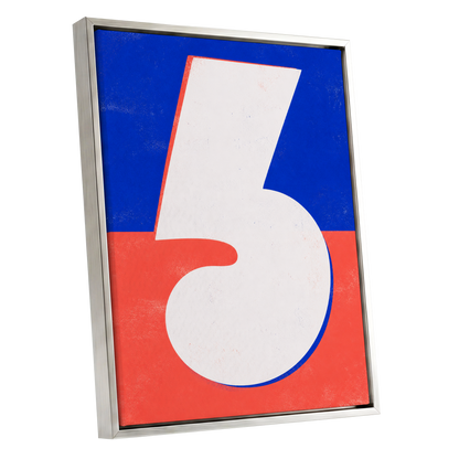Six in Signal Colours, white, blue, red minimalist wall art shown as a silver framed canvas wall art