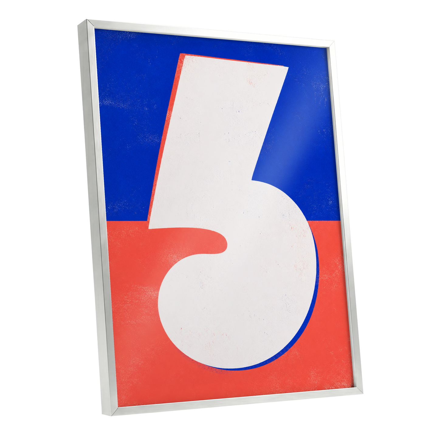 Six in Signal Colours, white, blue, red minimalist wall art shown as a silver framed poster wall art print