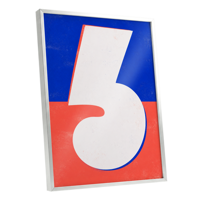 Six in Signal Colours, white, blue, red minimalist wall art shown as a silver framed poster wall art print