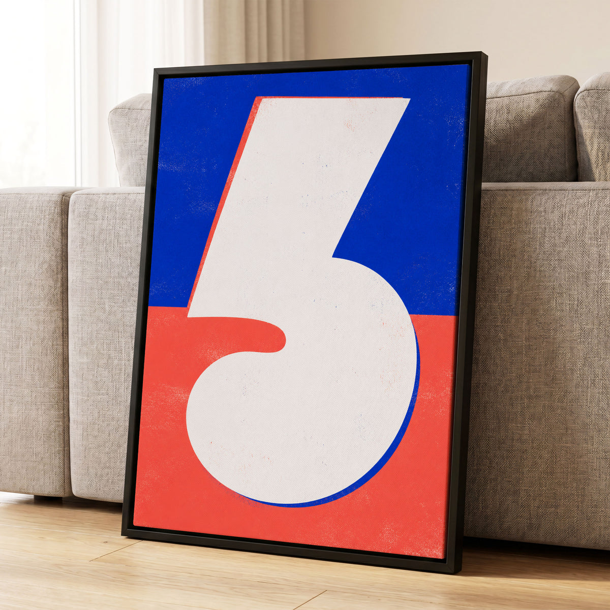 Six in Signal Colours, white, blue, red minimalist wall art displayed in a styled interior, gallery view 1