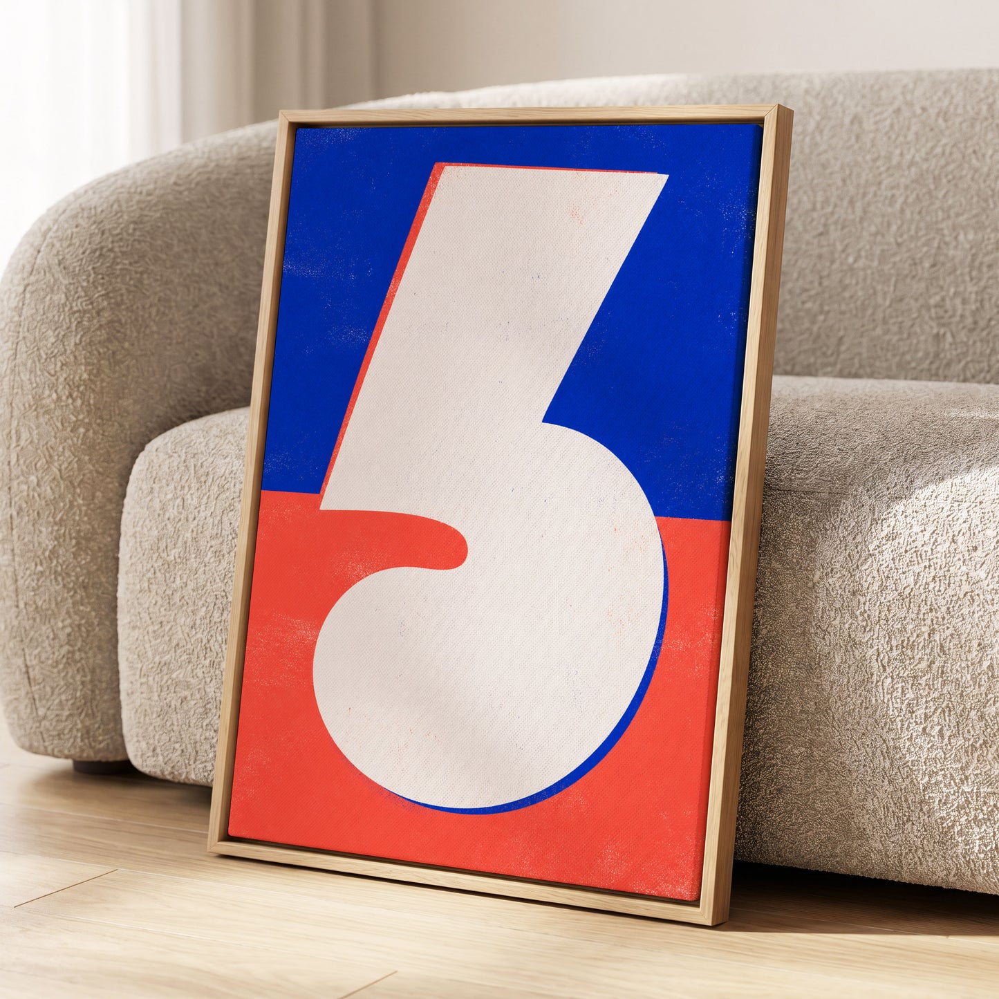 Six in Signal Colours, white, blue, red minimalist wall art displayed in a styled interior, gallery view 2