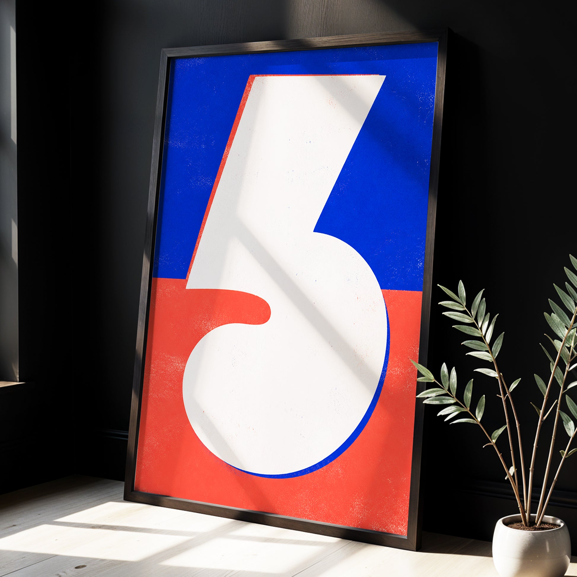 Six in Signal Colours, white, blue, red minimalist wall art displayed in a styled interior, gallery view 3