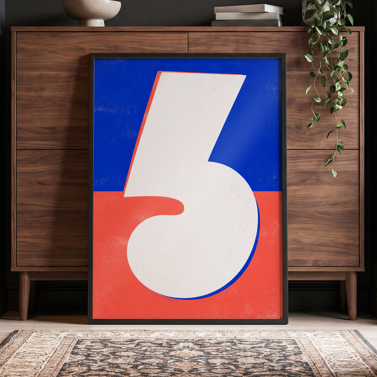 Six in Signal Colours, white, blue, red minimalist wall art displayed in a styled interior, gallery view 5