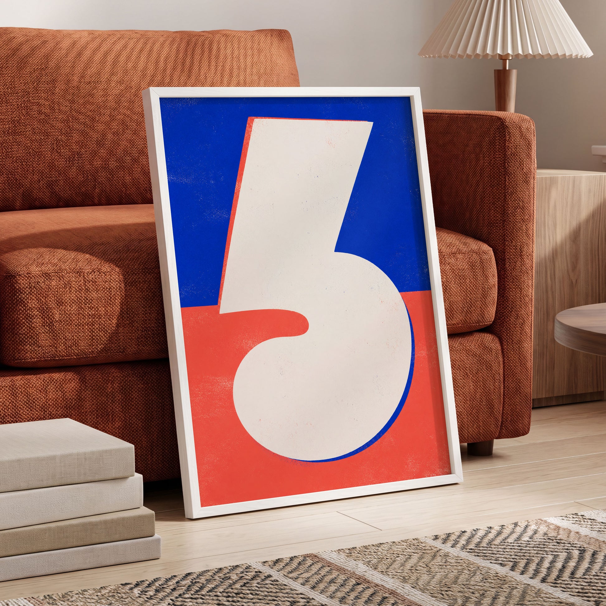 Six in Signal Colours, white, blue, red minimalist wall art displayed in a styled interior, gallery view 6