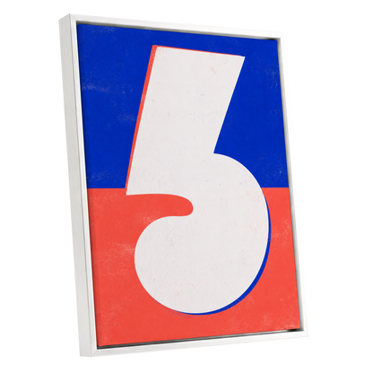 Six in Signal Colours, white, blue, red minimalist wall art shown as a white framed canvas wall art