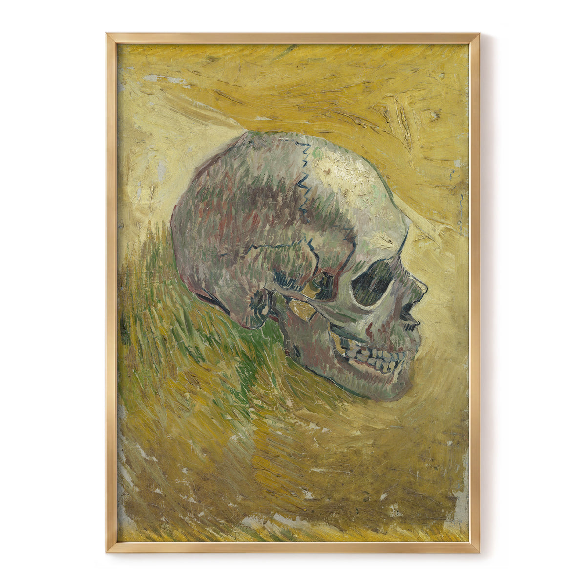 Skull in Saffron, yellow, green, beige abstract wall art, front artwork view