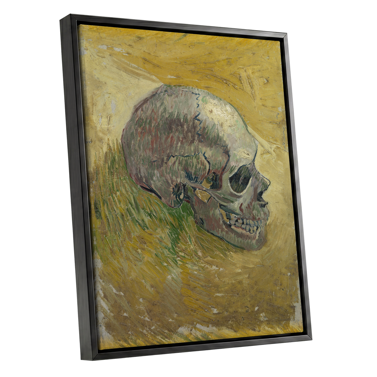 Skull in Saffron, yellow, green, beige abstract wall art shown as a black framed canvas wall art