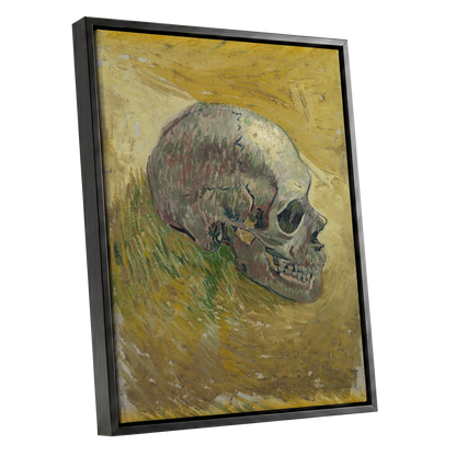 Skull in Saffron, yellow, green, beige abstract wall art shown as a black framed canvas wall art