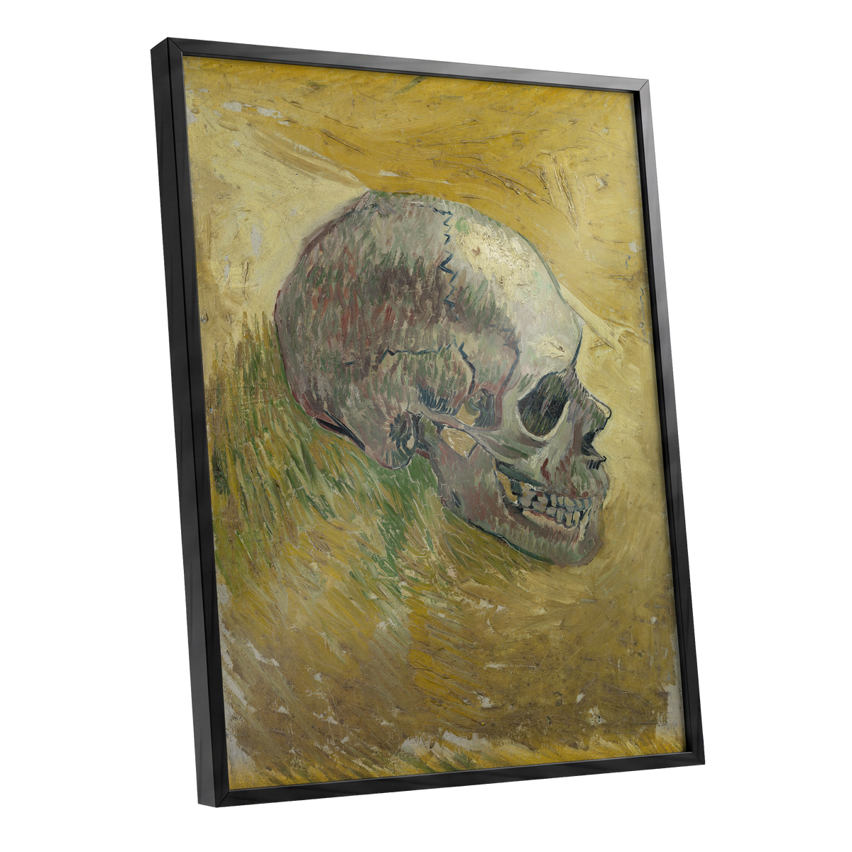 Skull in Saffron, yellow, green, beige abstract wall art shown as a black framed poster wall art print