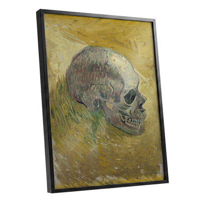 Skull in Saffron, yellow, green, beige abstract wall art shown as a black framed poster wall art print