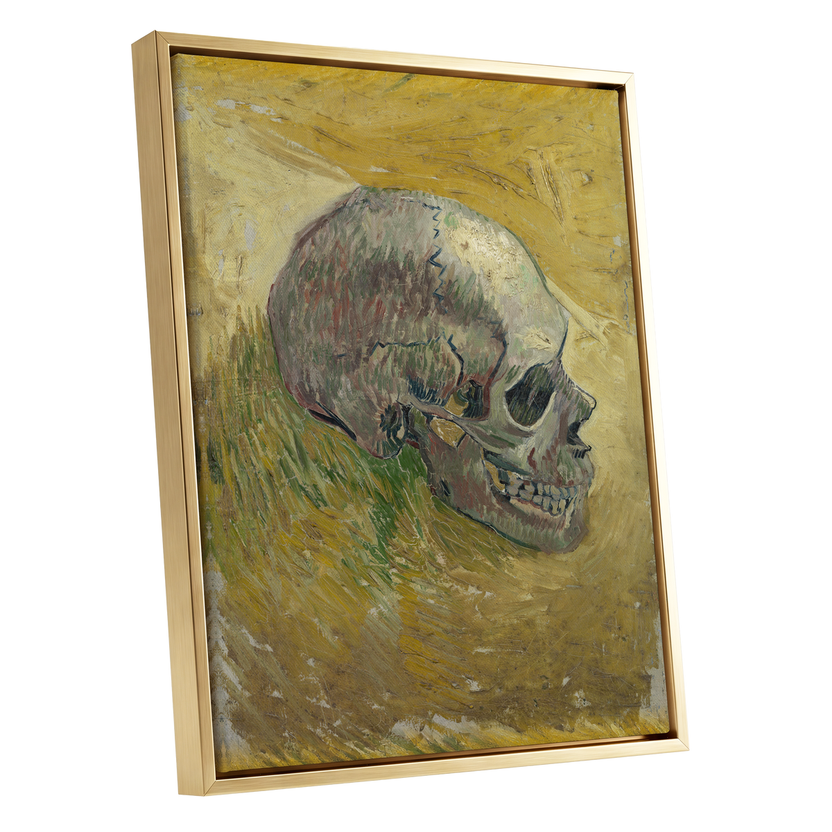 Skull in Saffron, yellow, green, beige abstract wall art shown as a gold framed canvas wall art