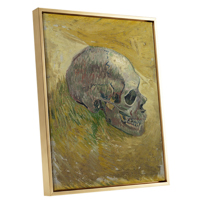 Skull in Saffron, yellow, green, beige abstract wall art shown as a gold framed canvas wall art