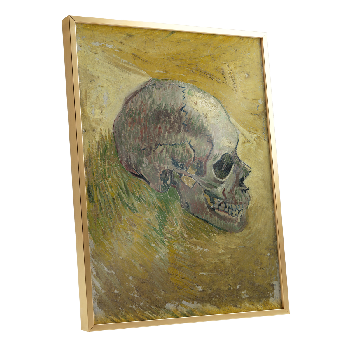 Skull in Saffron, yellow, green, beige abstract wall art shown as a gold framed poster wall art print