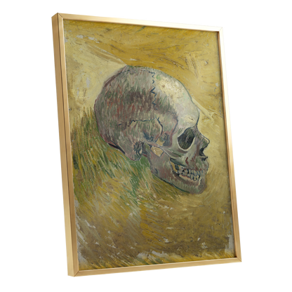 Skull in Saffron, yellow, green, beige abstract wall art shown as a gold framed poster wall art print