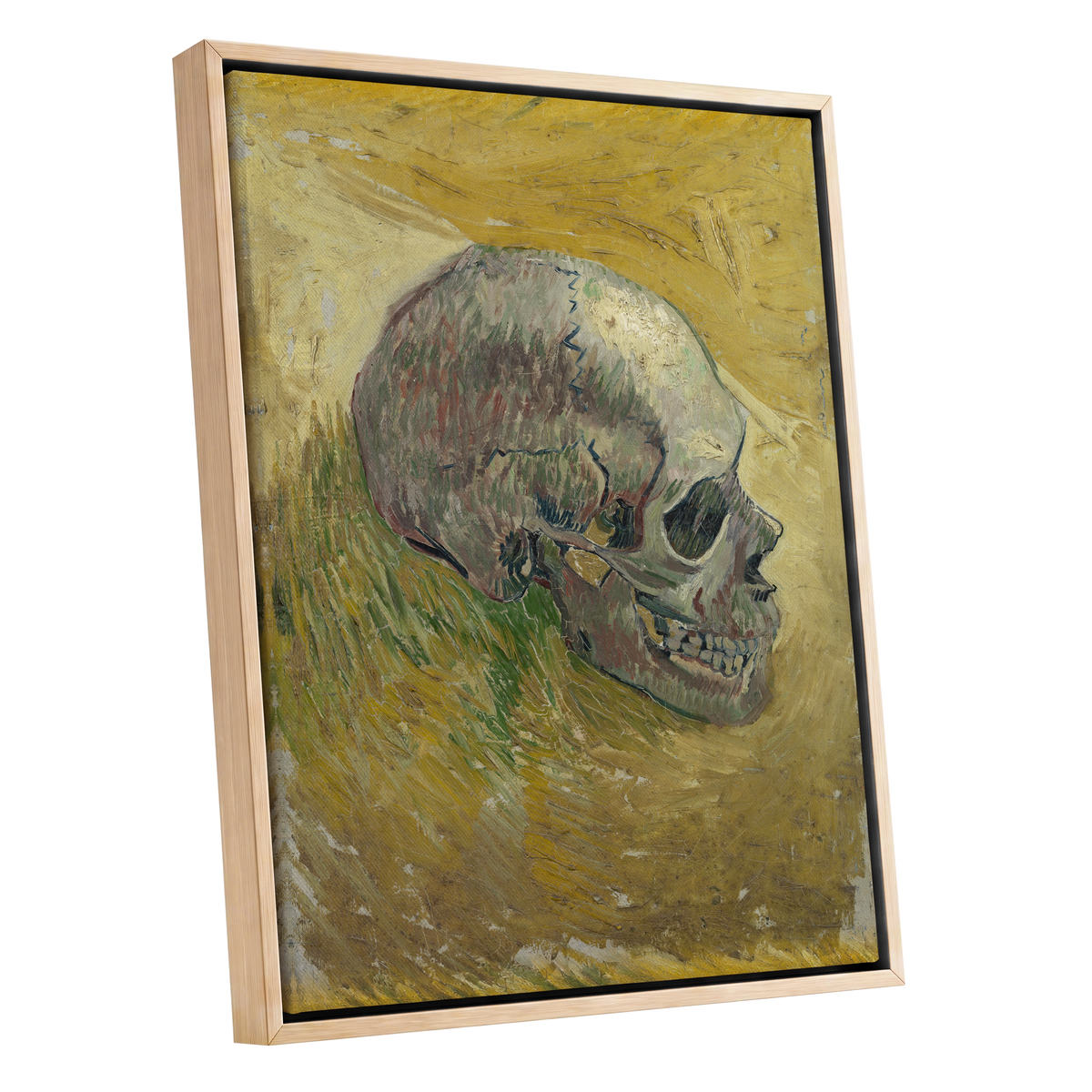 Skull in Saffron, yellow, green, beige abstract wall art shown as a oak framed canvas wall art