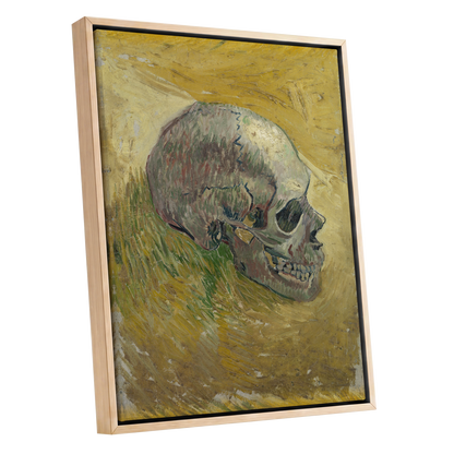 Skull in Saffron, yellow, green, beige abstract wall art shown as a oak framed canvas wall art