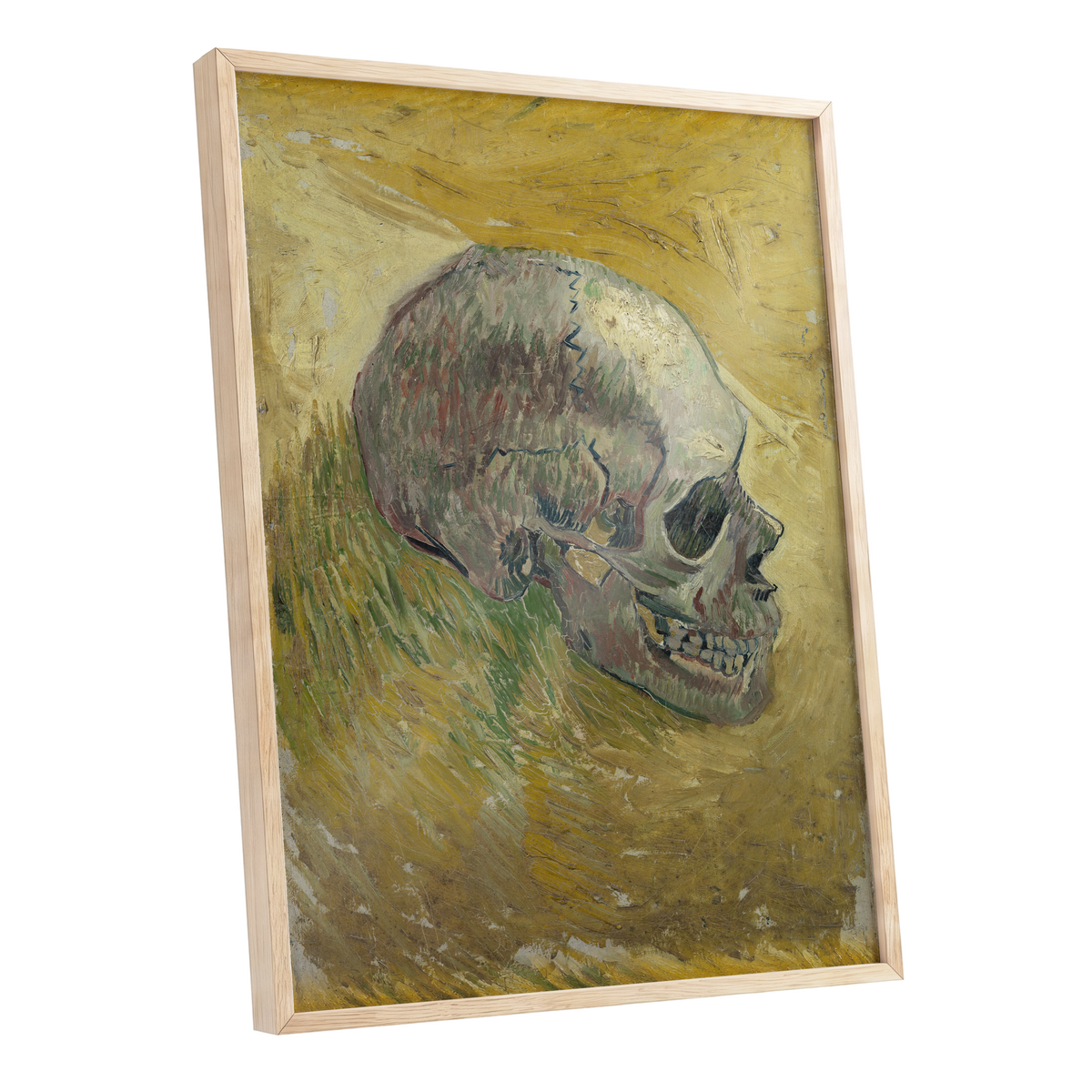 Skull in Saffron, yellow, green, beige abstract wall art shown as a oak framed poster wall art print