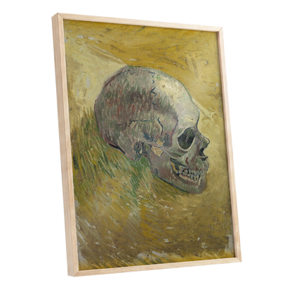 Skull in Saffron, yellow, green, beige abstract wall art shown as a oak framed poster wall art print