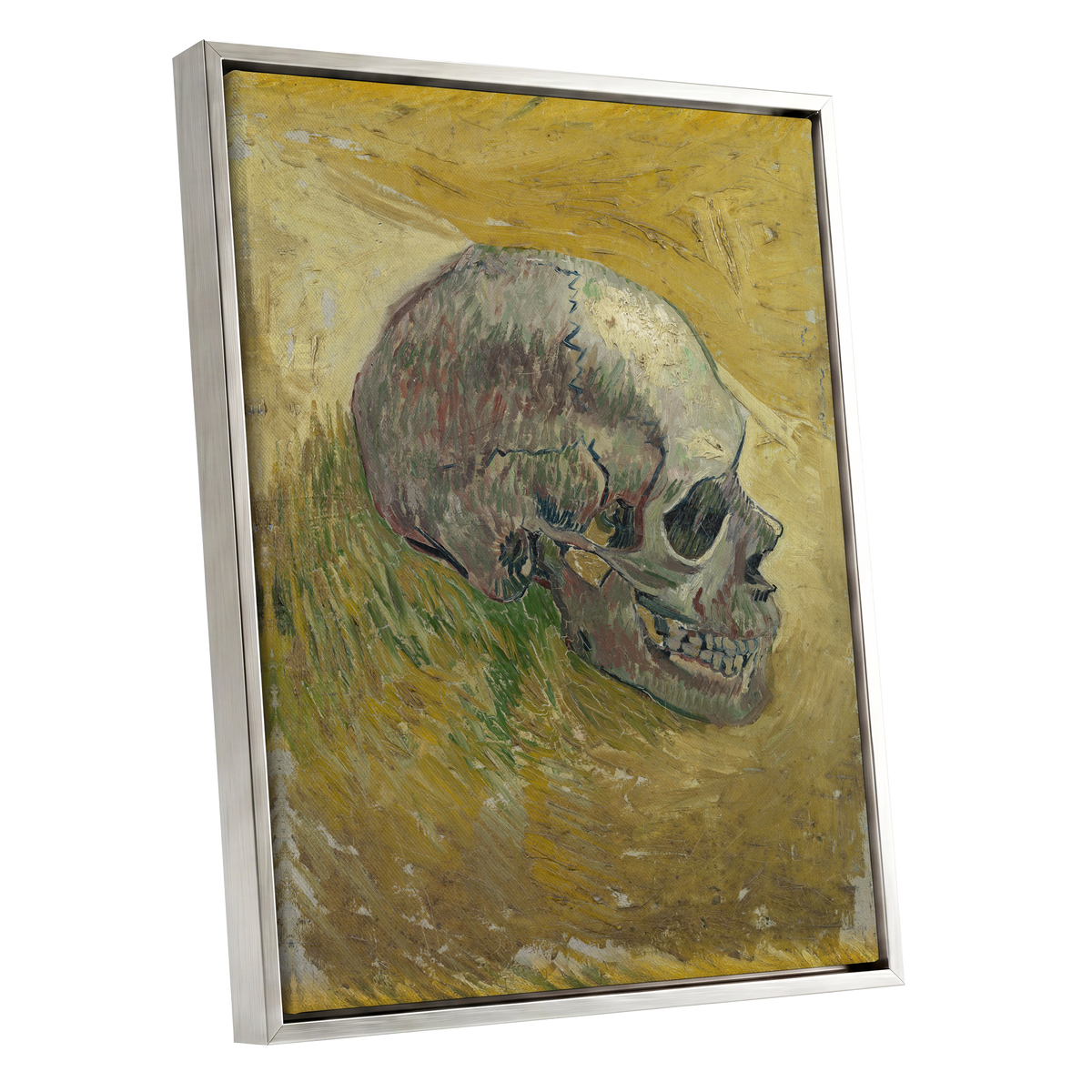 Skull in Saffron, yellow, green, beige abstract wall art shown as a silver framed canvas wall art