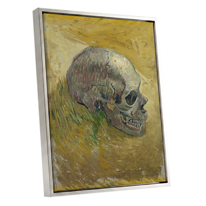 Skull in Saffron, yellow, green, beige abstract wall art shown as a silver framed canvas wall art
