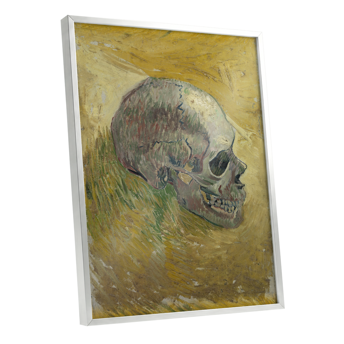 Skull in Saffron, yellow, green, beige abstract wall art shown as a silver framed poster wall art print