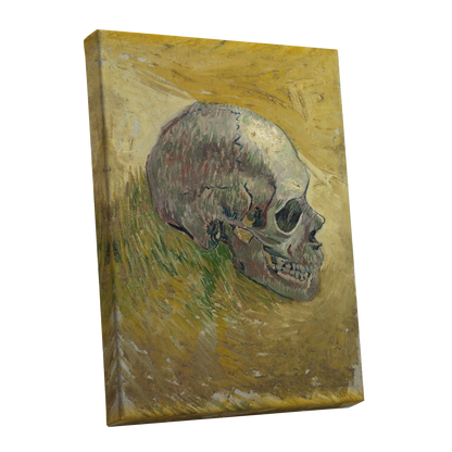 Skull in Saffron, yellow, green, beige abstract wall art shown as a stretched canvas wall art